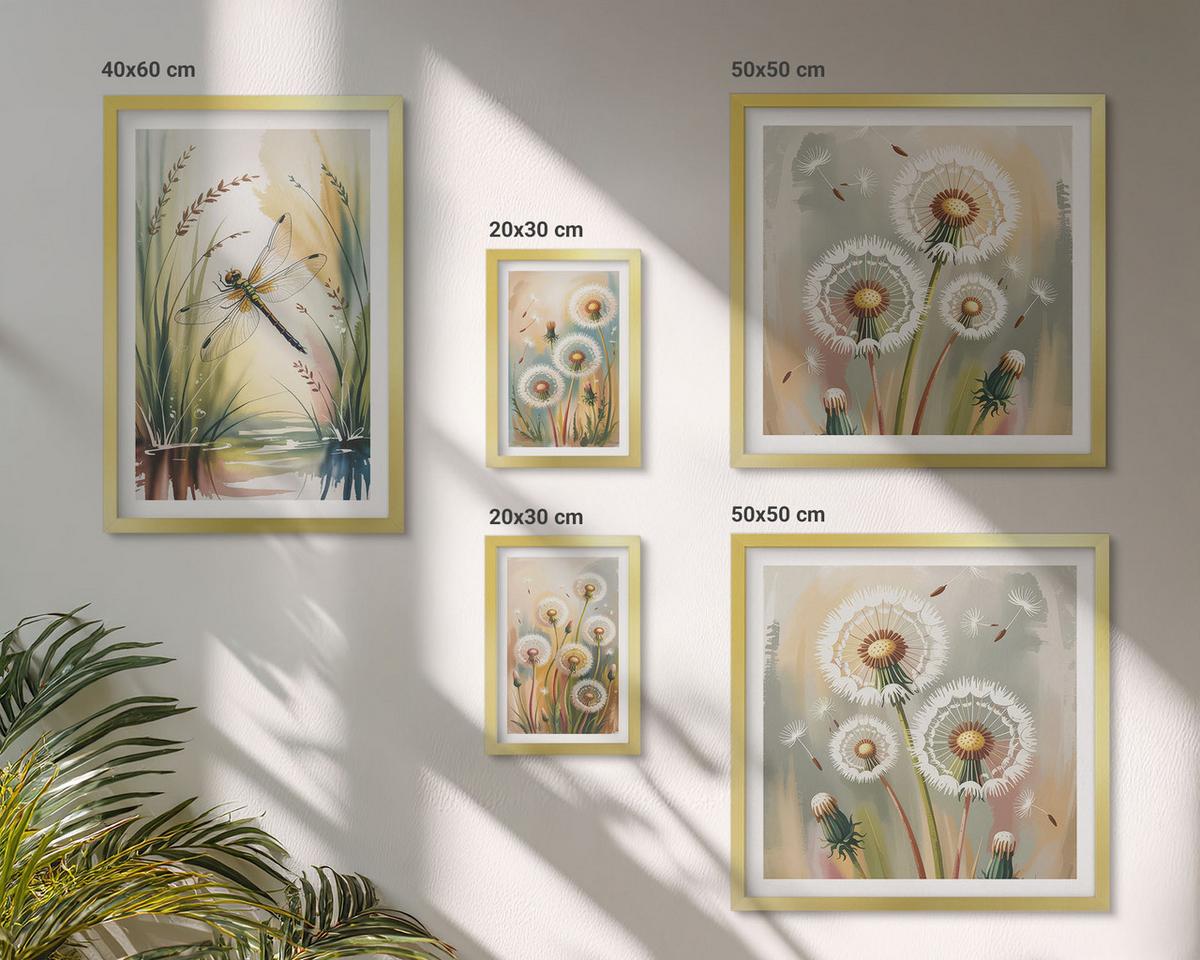 BILDER SET 5er Set - 50x50 cm & 20x30 cm & 40x60 cm Goldrahmen - Pastellfarbene Löwenzahnblüten - Goldfarben, Kunststoff (40/60cm) - TULUP