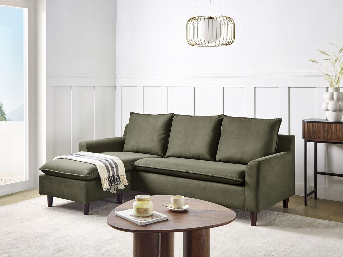 ECKSOFA 3-Sitzer Samtstoff Dunkelgrün rechtsseitig Elvenes - Braun/Grün, Textil (206/140cm) - Beliani