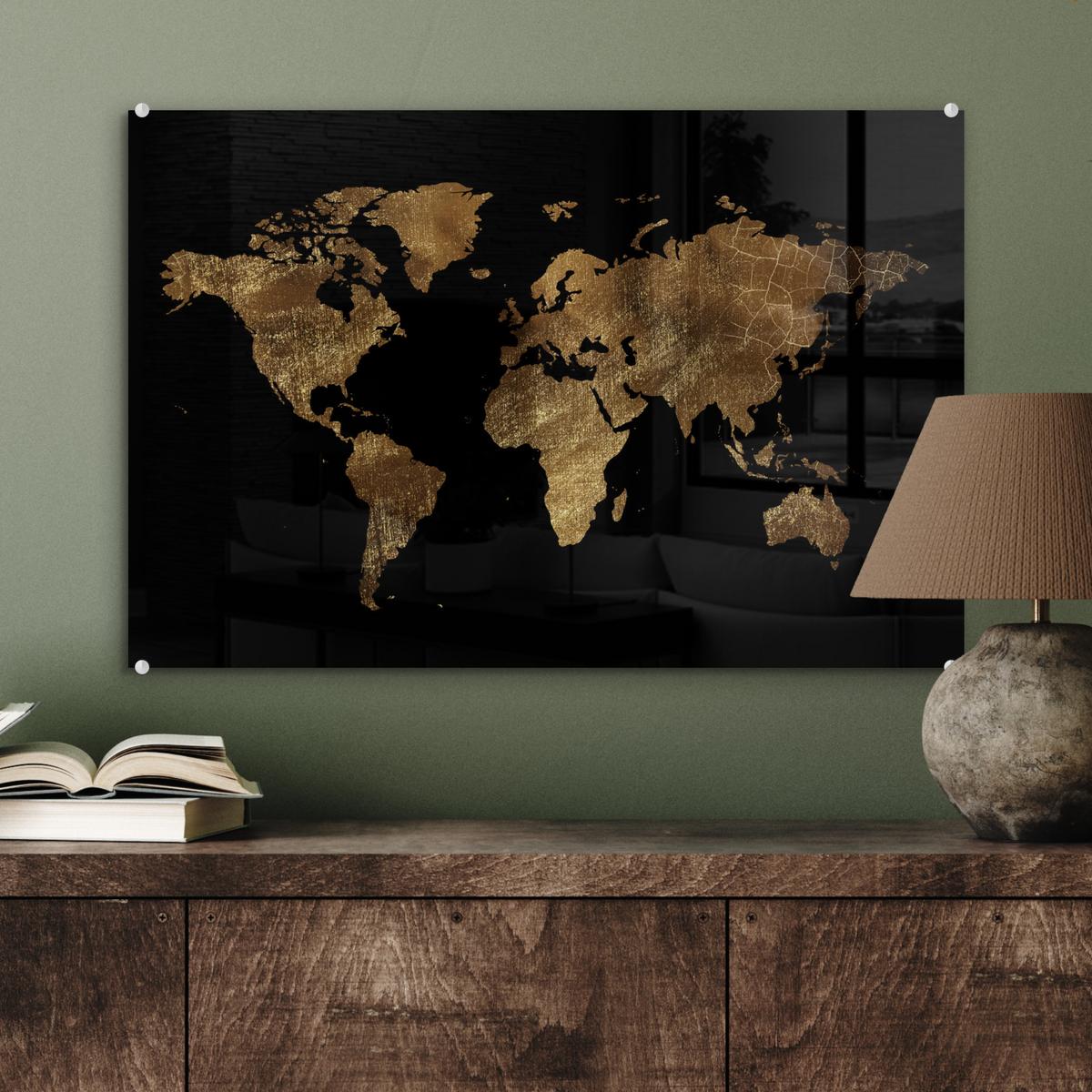 ACRYLGLASBILD Weltkarte - Gold - Luxus - Erde - Schwarz Wanddeko 60x40 cm - Goldfarben, Glas (60/40cm) - MuchoWow