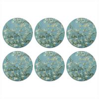 GLASUNTERSETZER 6er-Set Rund Van Gogh - Mandelblüte - Alte Meister - Kunst - Vintage 10x10 cm - Hellblau, Naturmaterialien (10/10cm) - MuchoWow