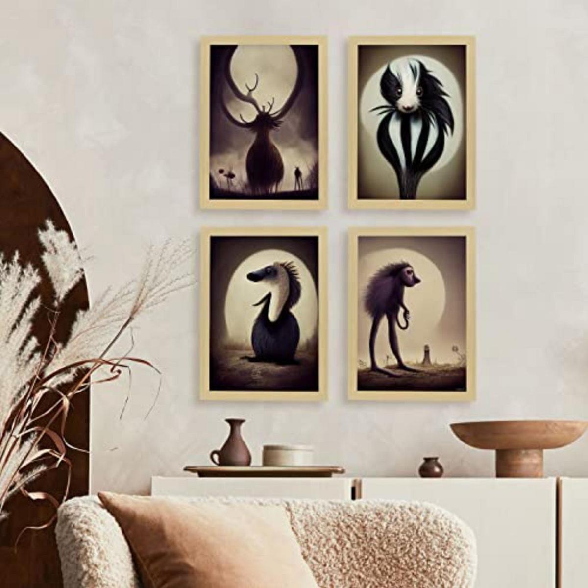 POSTER Set mit 4 Tier Braun im T Burton Goth Stil A3 Rahmen aus hellem Holz - Beige, Papier (29.7/3cm) - Nacnic