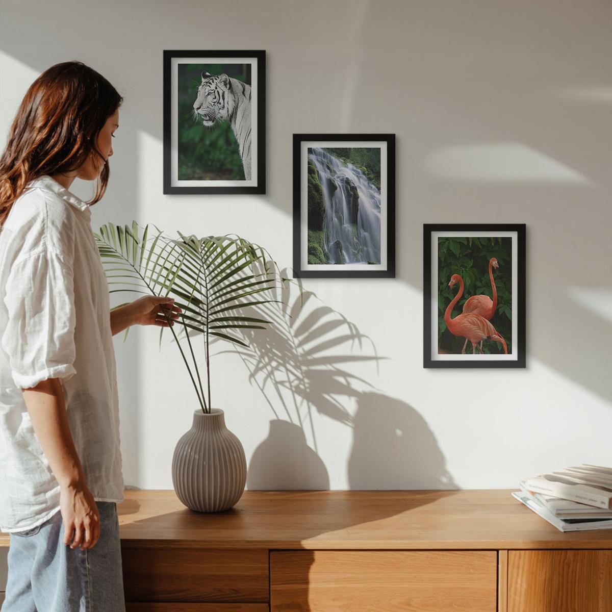 BILDER SET 3er Set - 20x30 cm Schwarzer Rahmen - Tiger Wasserfall Flamingos Natur - Schwarz, Kunststoff (20/30cm) - TULUP