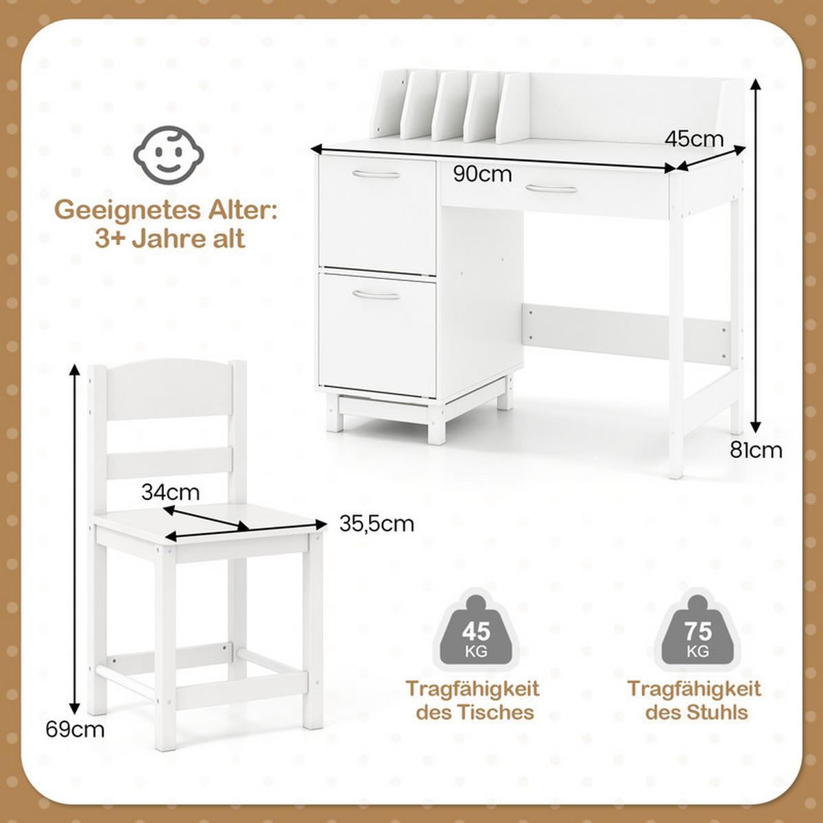 KINDERSCHREIBTISCH-SET mit Stauraum weiß(2-tlg) - Weiß, Holzwerkstoff (90/81/45cm) - COSTWAY