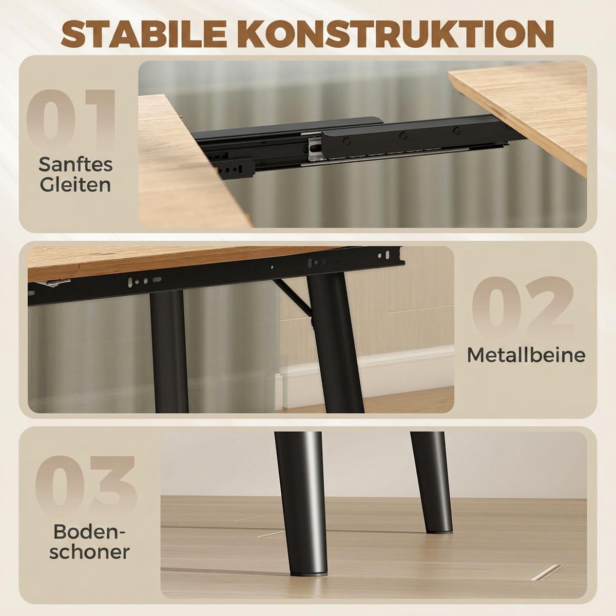 AUSZIEHBARER-ESSTISCH MDF Eiche - Eichefarben/Schwarz, Holzwerkstoff/Metall (160/80/75cm) - HOMCOM