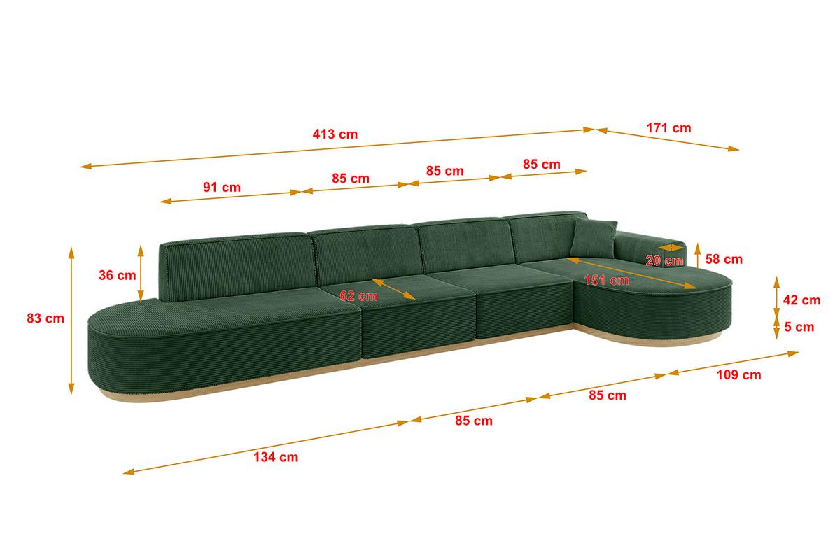 ECKSOFA Ottomane Rechts MARI-L3-v2 - 413x171x83 cm Grün Cord - Grün, Holzwerkstoff/Textil (171/413cm) - ALTDECOR