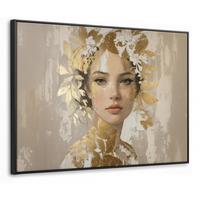 LEINWAND Bilder mit Rahmen - Gesicht - Frau - Blätter - Gold - 70x50 - Beige, Textil (70/50cm) - MuchoWow