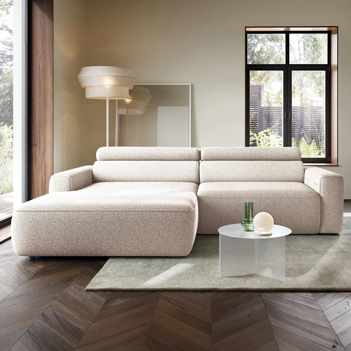 ECKSOFA Fando mit Schlaffunktion, L-Form, 4-Sitzer 252 cm, links Flechtstoff Hellbeige - Ecru/Schwarz, Kunststoff/Textil (252/182cm) - Selsey