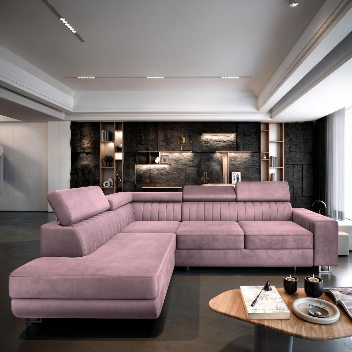 ECKSOFA NOLA L-S Lila Velours-Stoff mit Schlaffunktion - Lila/Silberfarben, Holz/Textil (253/190cm) - MASSENO