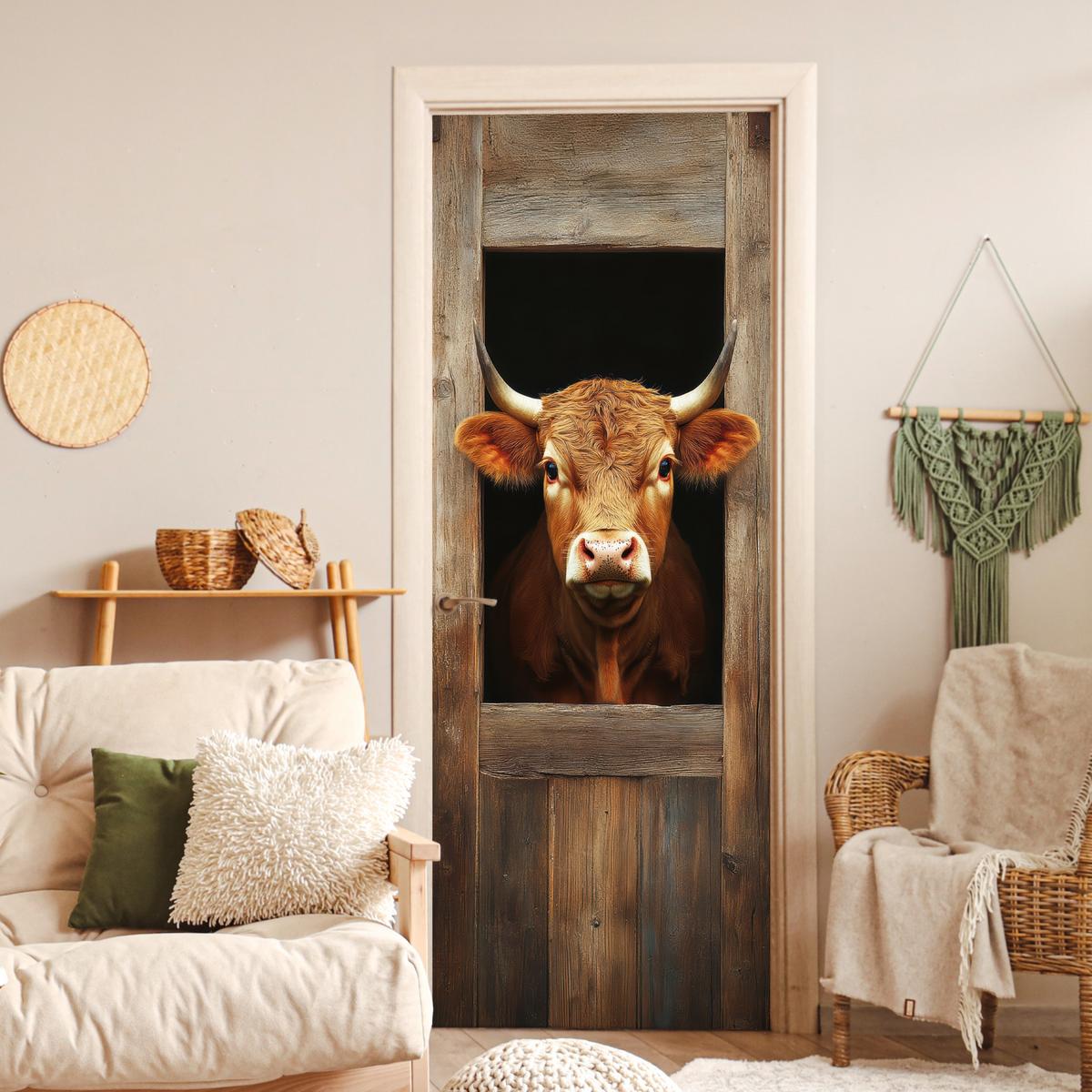 TÜRAUFKLEBER Kuh - Fenster - Holz - Tiere 90x235 cm - Türtapete - Wengefarben, Kunststoff (90/0.1cm) - MuchoWow