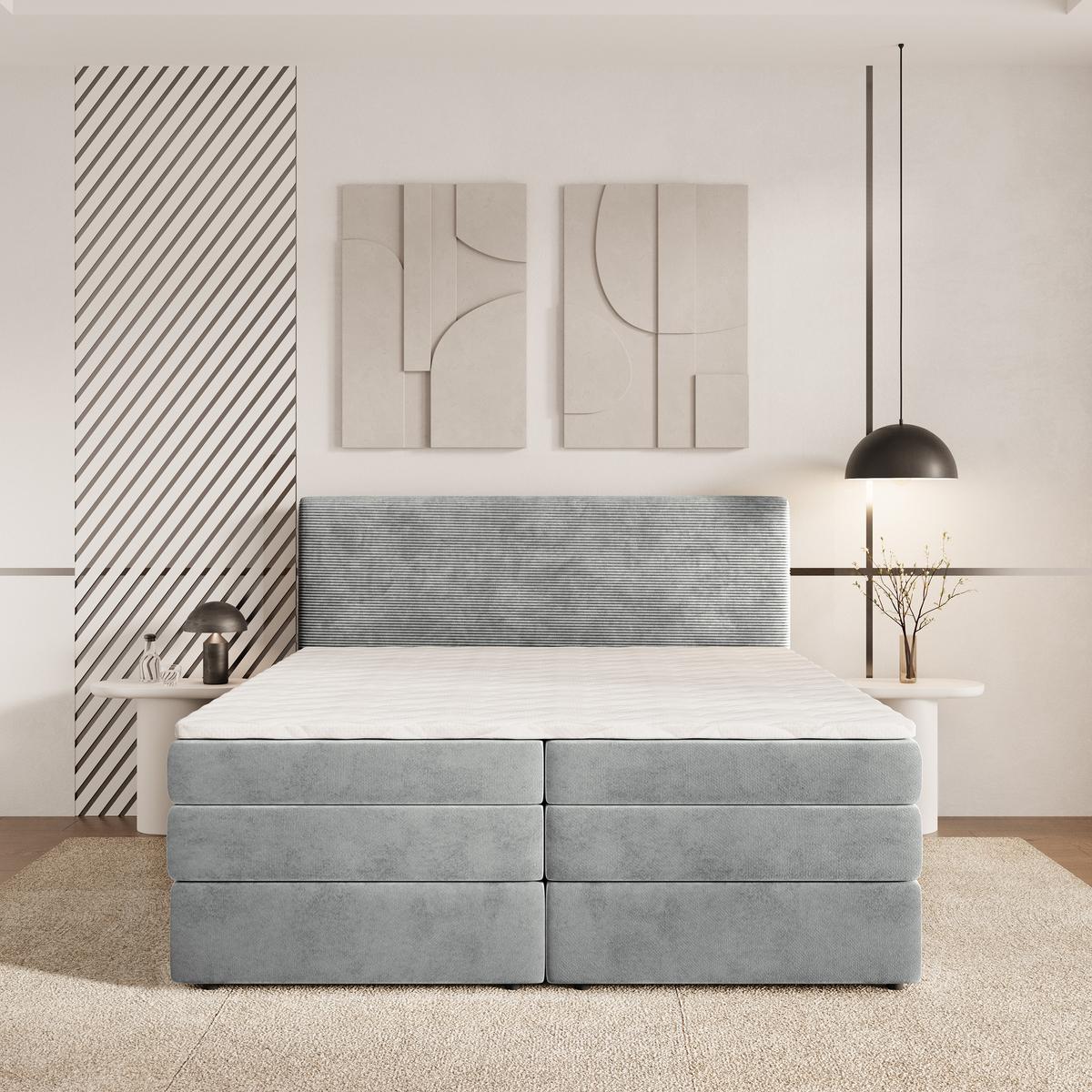 BOXSPRINGBETT MATERN 160x200 cm mit Matratze und Topper - Hellgrau - Hellgrau, Holz (160/200cm) - MASSENO