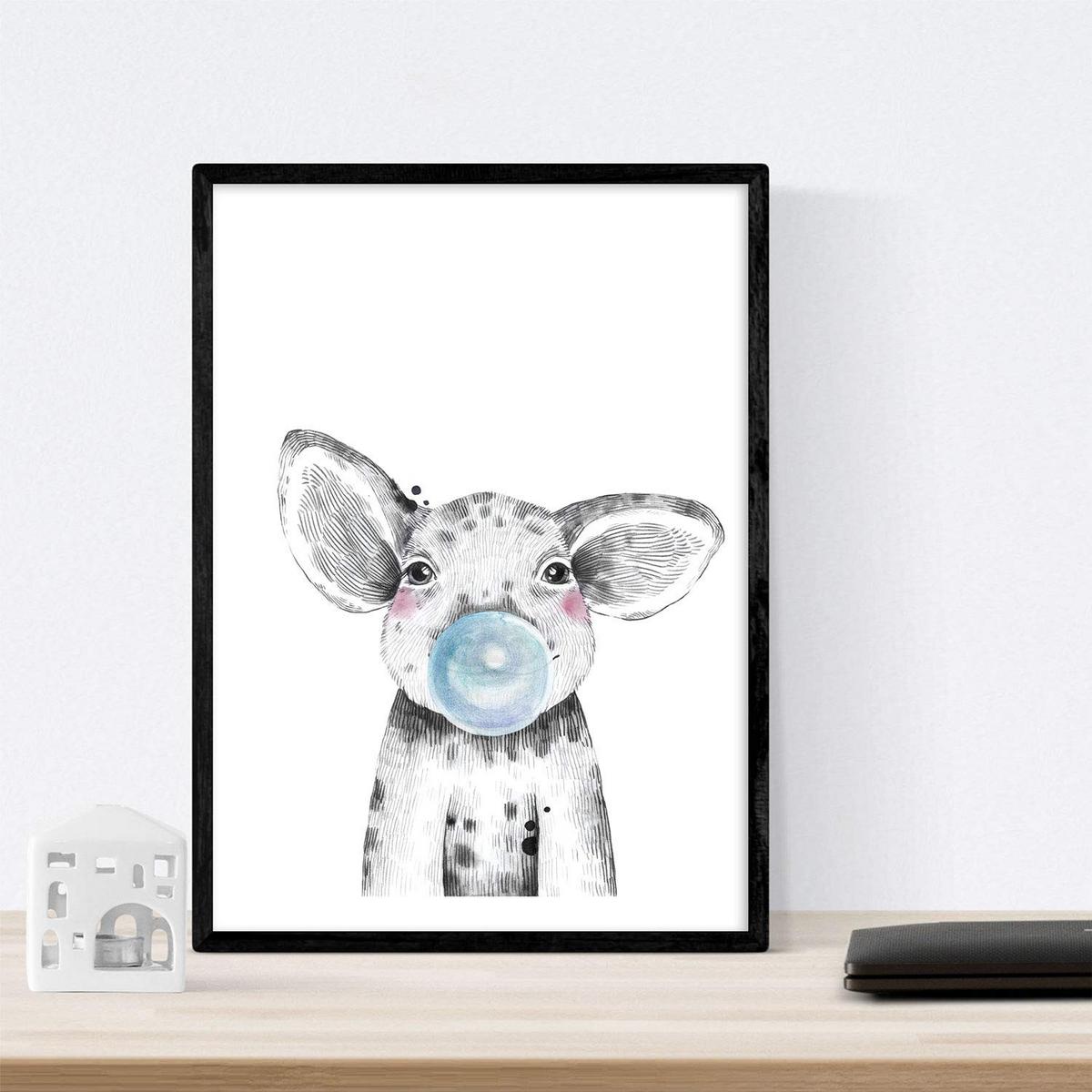 POSTER Set Mit 6 Tiere Babys Mit Kaugummi Schweinelefant Kaninchen Kuh Zorro Hund A3 Schwarzer Rahmen - Schwarz, Papier (29/3cm) - Nacnic