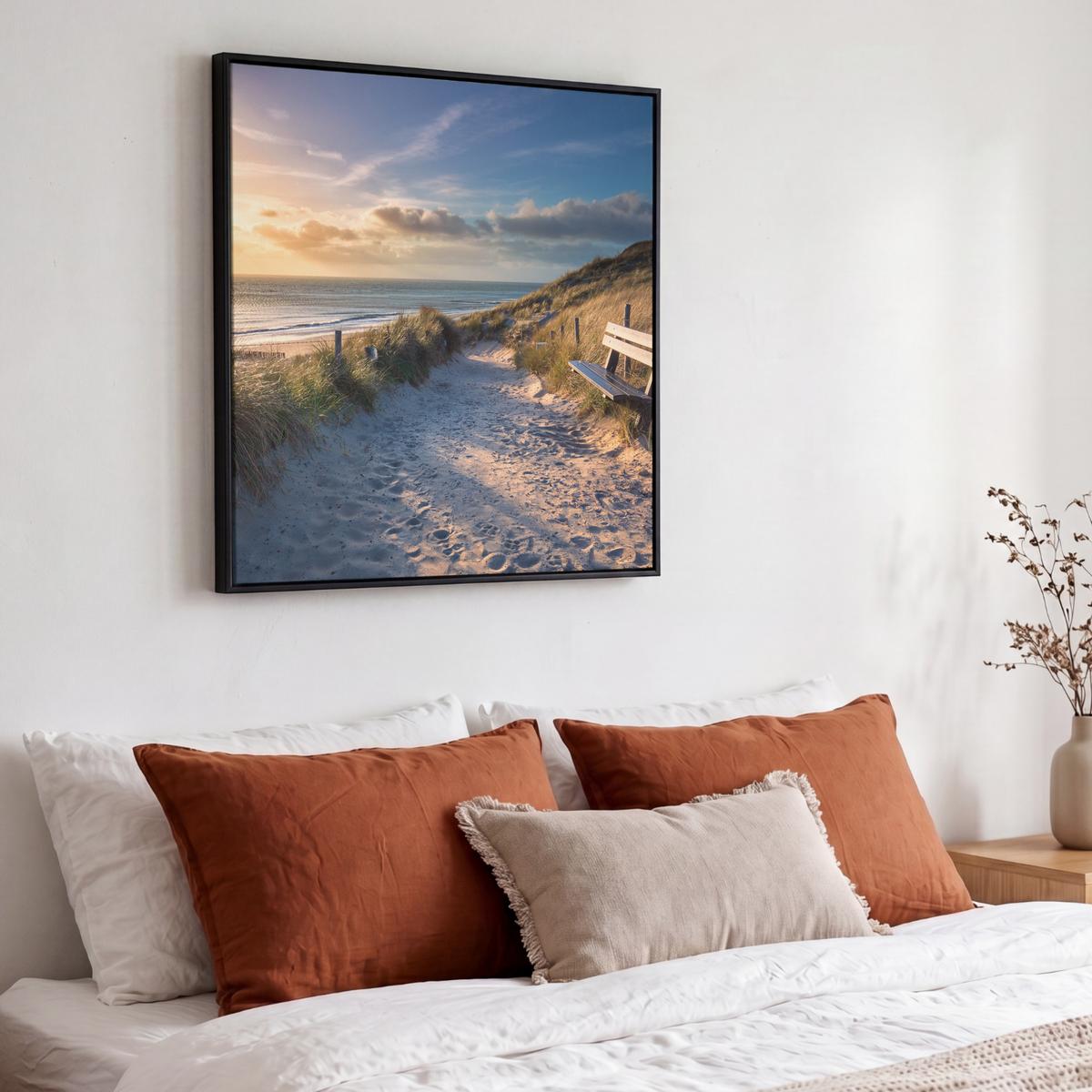 LEINWAND Bilder mit Rahmen - Sonnenuntergang - Strand - Düne - Gras - Ufer - 50x50 - Sandfarben, Textil (50/50cm) - MuchoWow