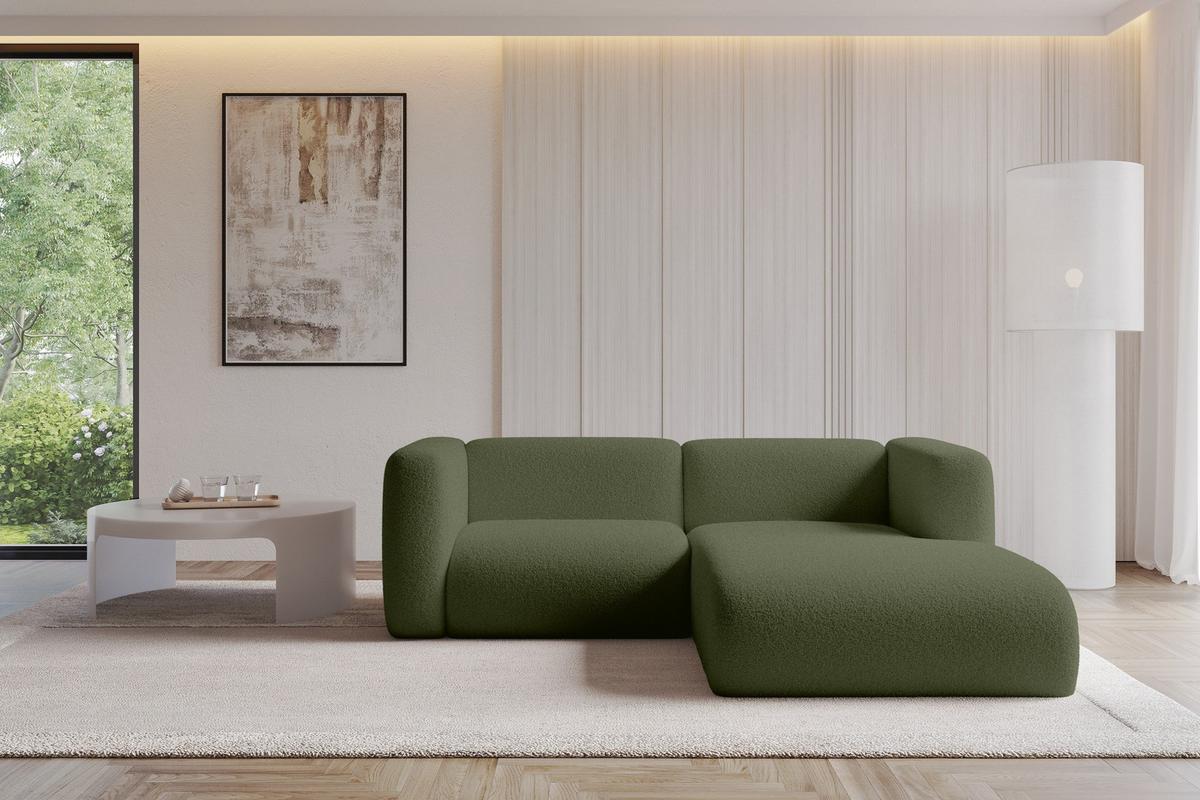 ECKSOFA Ottomane Rechts MIRA-L1 227x179x89 Grün Bouclé - Schwarz/Olivgrün, Holzwerkstoff/Kunststoff (227/179cm) - ALTDECOR