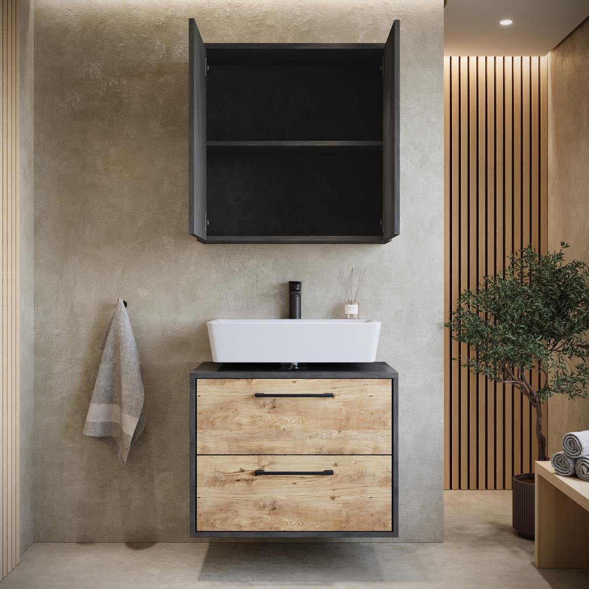 BADMÖBEL-SET Florence 2 Teile Kastanien Eiche mit Dunkel Grau - 60 x 35 x 51 cm - Eichefarben/Grau, Holz (60/51/35cm) - Badplaats