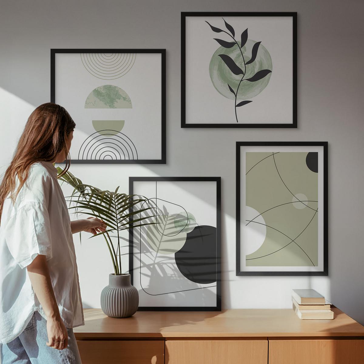 BILDER SET 4er Set - 50x50 cm & 40x60 cm Schwarzer Rahmen - Abstrakte Formen und Farben - Schwarz, Kunststoff (50/50cm) - TULUP