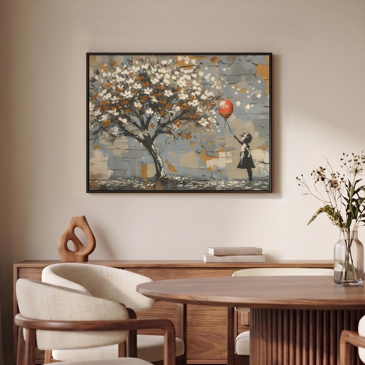 LEINWAND Bilder mit Rahmen - Baum - Graffiti - Banksy-Stil - Ballon-Mädchen - 70x50 - Blaugrau, Textil (70/50cm) - MuchoWow