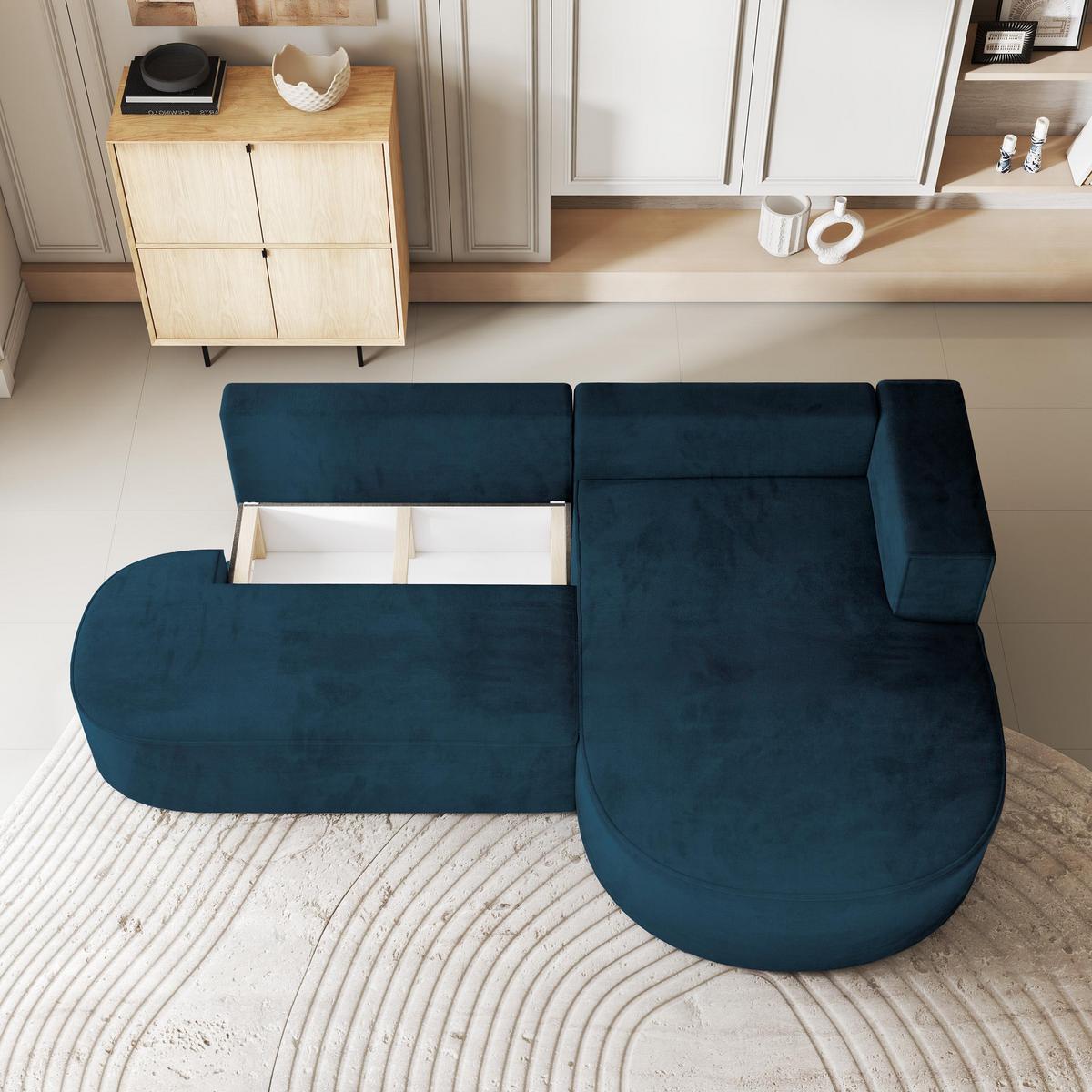 ECKSOFA CORTIO M R-S Blau Velours-Stoff mit Schlaffunktion - Blau/Grau, Holz/Kunststoff (265/174cm) - MASSENO