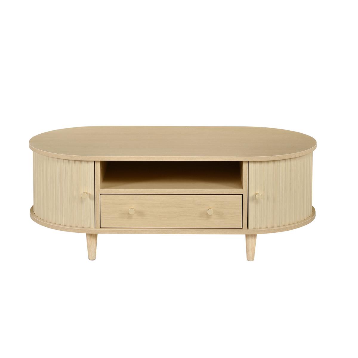 COUCHTISCH Ovales Design mit Rolltür & Schublade - Eichefarben, Holzwerkstoff (50/100/36cm) - Urban Meuble
