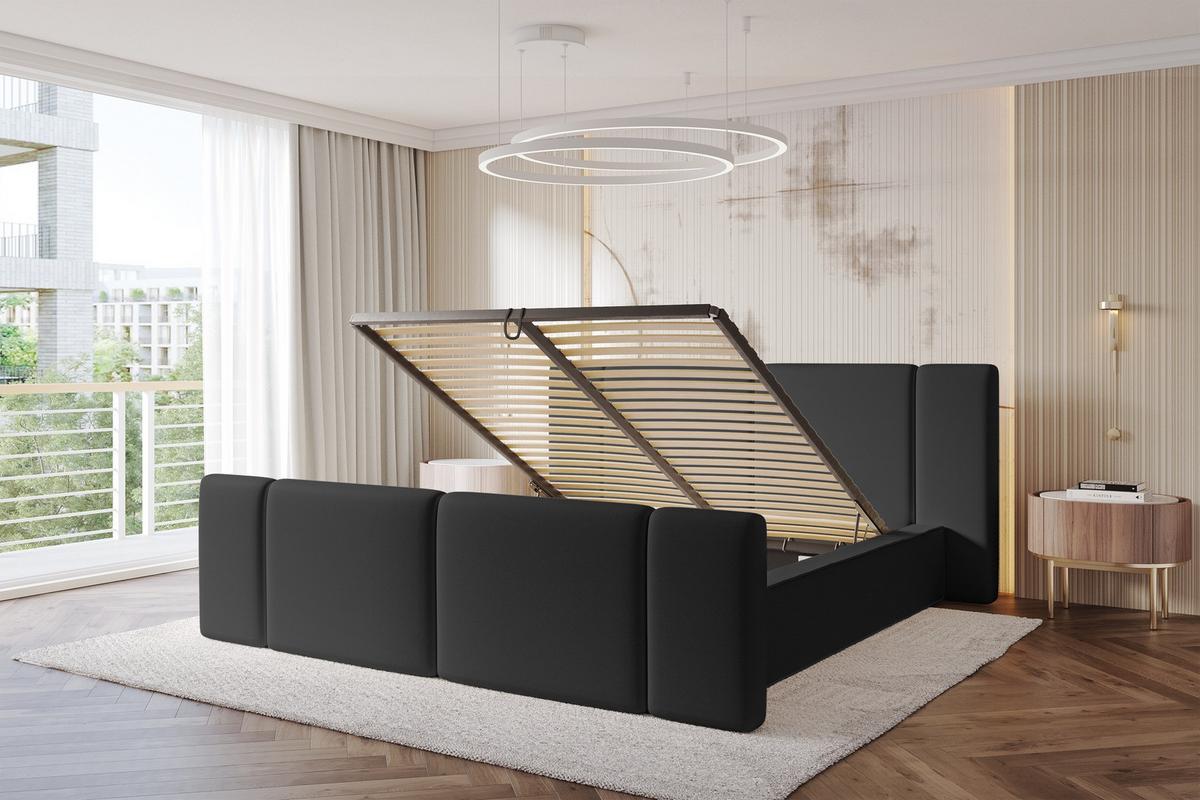 POLSTERBETT mit Bettkasten, Fußteil und Lattenrost, Bett mit Matratze H3/H4 - RIVO-Z 180x200 Schwarz - Schwarz Hochglanz, Holzwerkstoff/Textil (180/200cm) - ALTDECOR