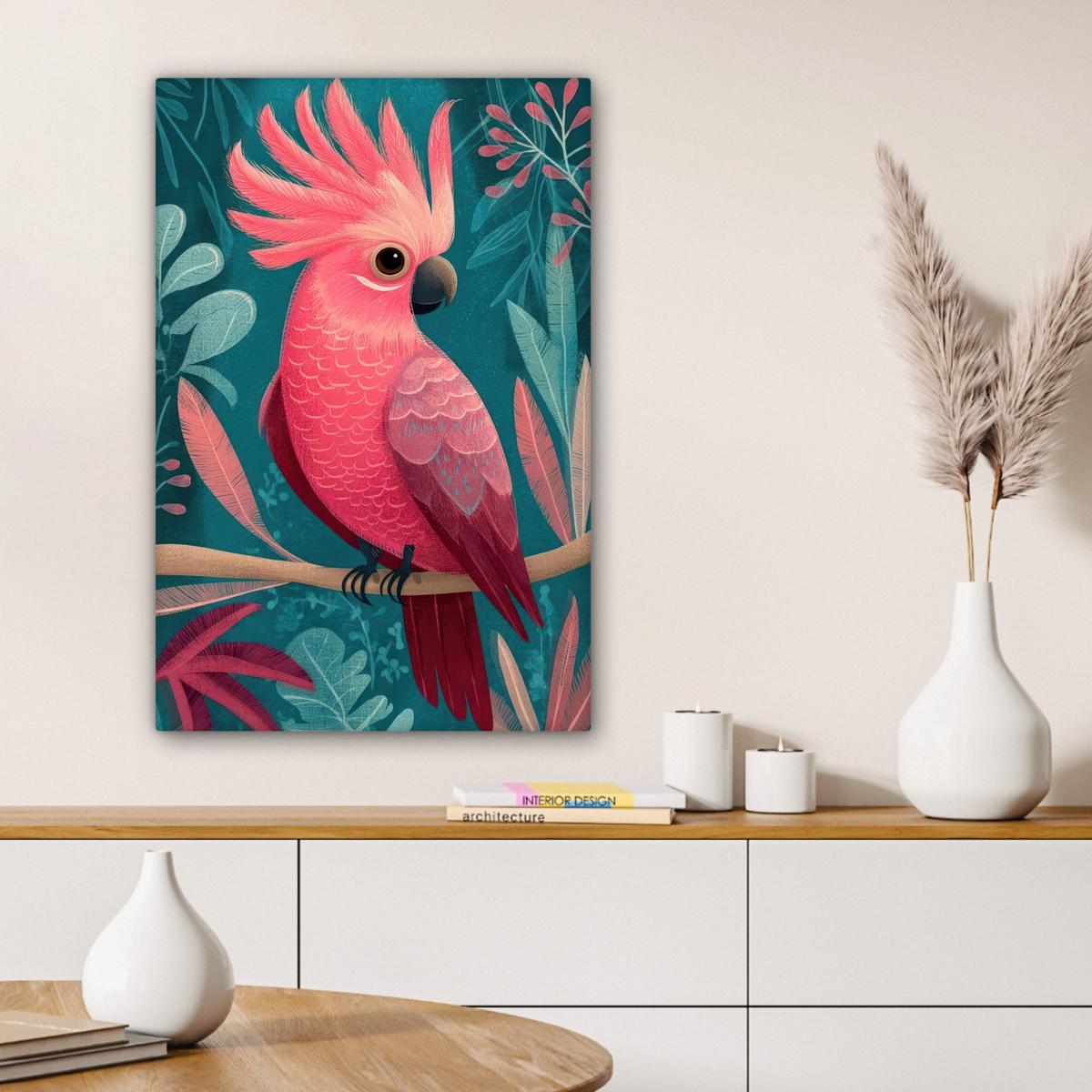 LEINWANDBILD Kakadu - Tropische Blätter - Zweig Wanddeko 40x60 cm - Petrol, Textil (40/60cm) - MuchoWow