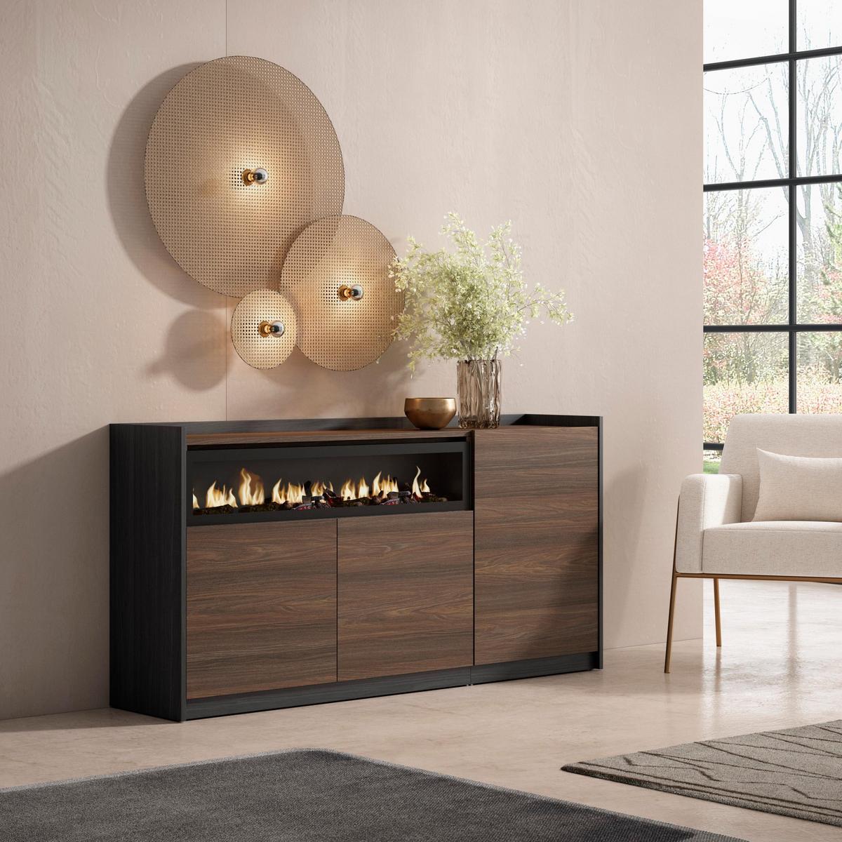 SIDEBOARD, Highboard, Dunkler Eiche und Schwarz, Elektrokamin, 156/37/80cm - Hellbraun, Holzwerkstoff (156/80/37cm) - Skraut Home