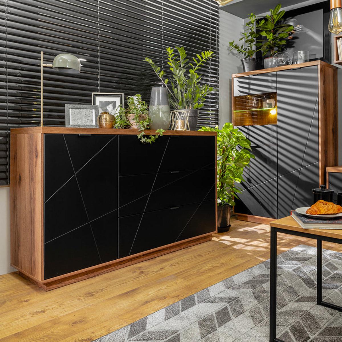SIDEBOARD Sven Schwarz und Holz - Schwarz, Holzwerkstoff (156/93/43cm) - Petits-meubles
