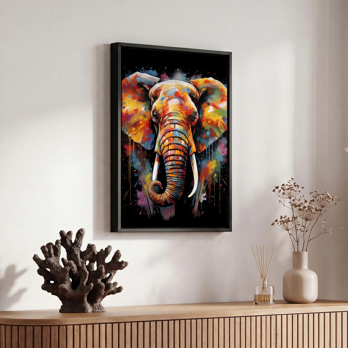 LEINWAND Bilder mit Rahmen - Elefant - Graffiti - Schwarz - Tiere - Farben - 20x30 - Schwarz, Textil (20/30cm) - MuchoWow
