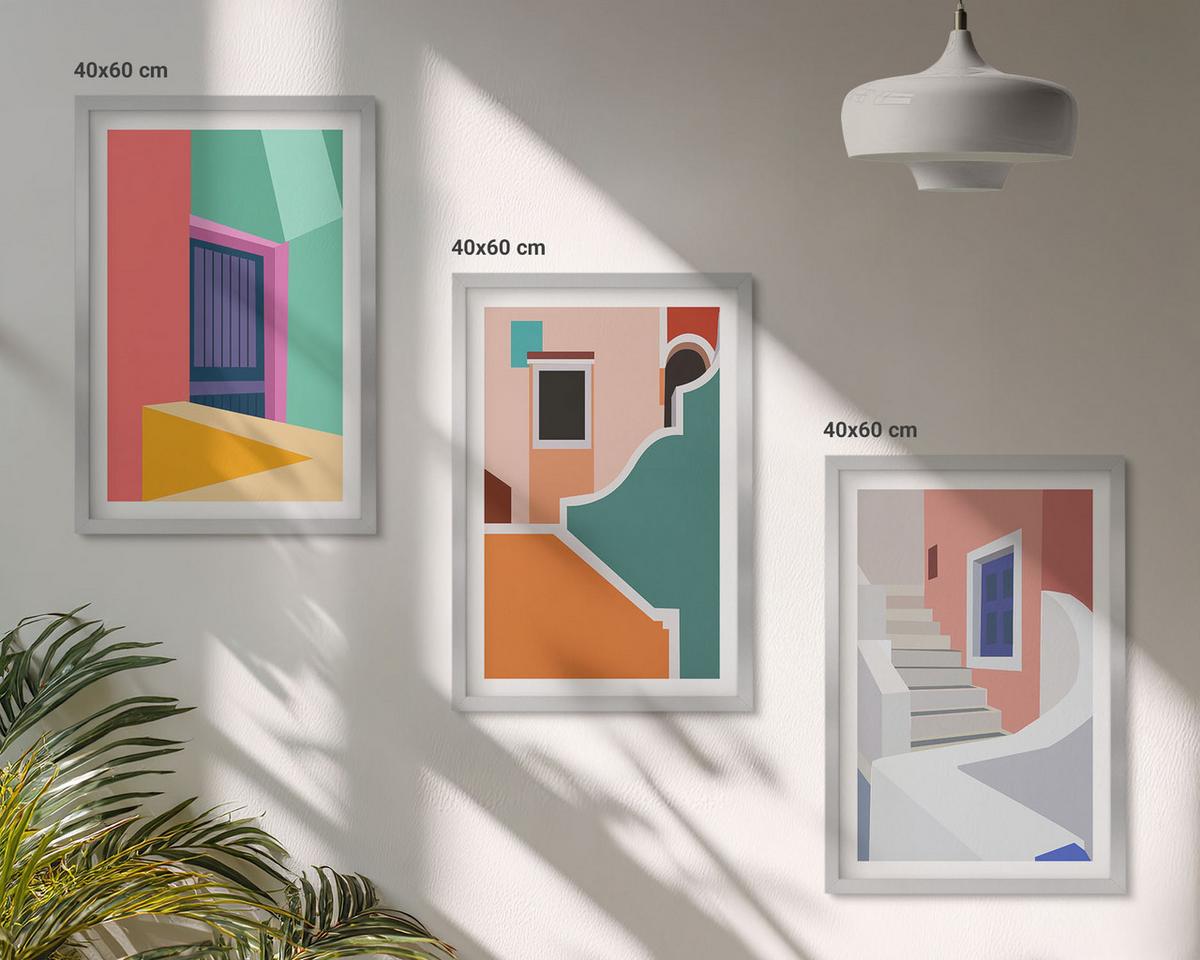 BILDER SET 3er Set - 40x60 cm Silberner Rahmen - Farbenfrohe Illustrationen von Gebäuden - Silberfarben, Kunststoff (40/60cm) - TULUP
