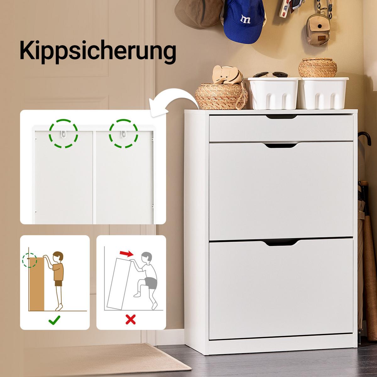 SCHUHSCHRANK mit 2 Klappen und 1 Schublade, Weiß 60x90x30cm - Weiß, Holzwerkstoff (60/90/30cm) - SoBuy