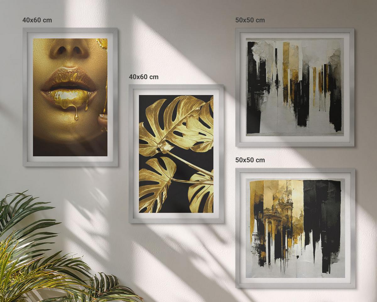 BILDER SET 4er Set - 50x50 cm & 40x60 cm Silberner Rahmen - Abstrakte Blattmalerei - Silberfarben, Kunststoff (50/50cm) - TULUP