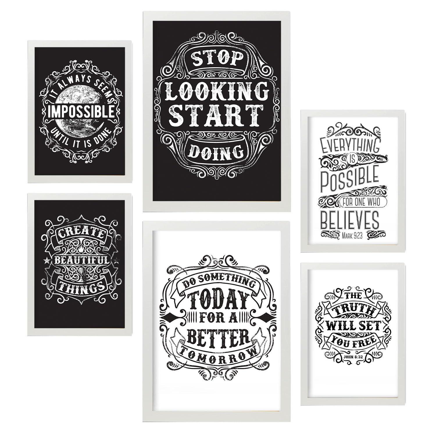 POSTER Set Mit 6 Motivierend In Rustikale Zitate A3 & A4 Weißer Rahmen - Weiß, Papier (29/3cm) - Nacnic