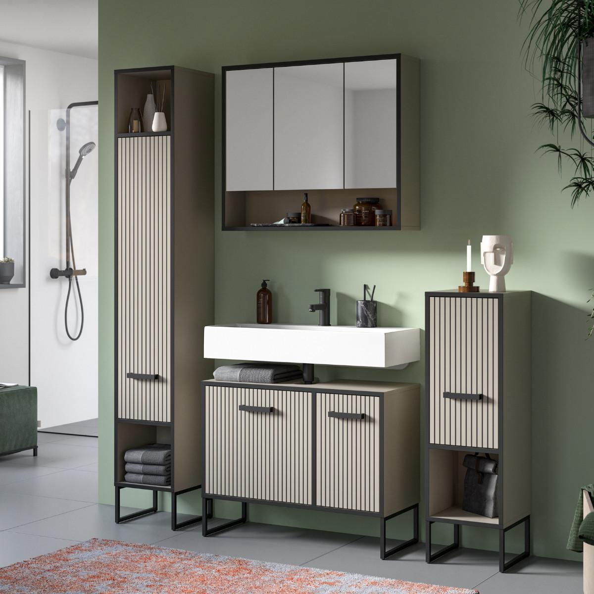 BADEZIMMERSCHRANK mit 1 Tür und 2 Nischen, Kaschmir 32/192/30 cm - Beige, Holzwerkstoff (32/192/37.4cm) - Calicosy