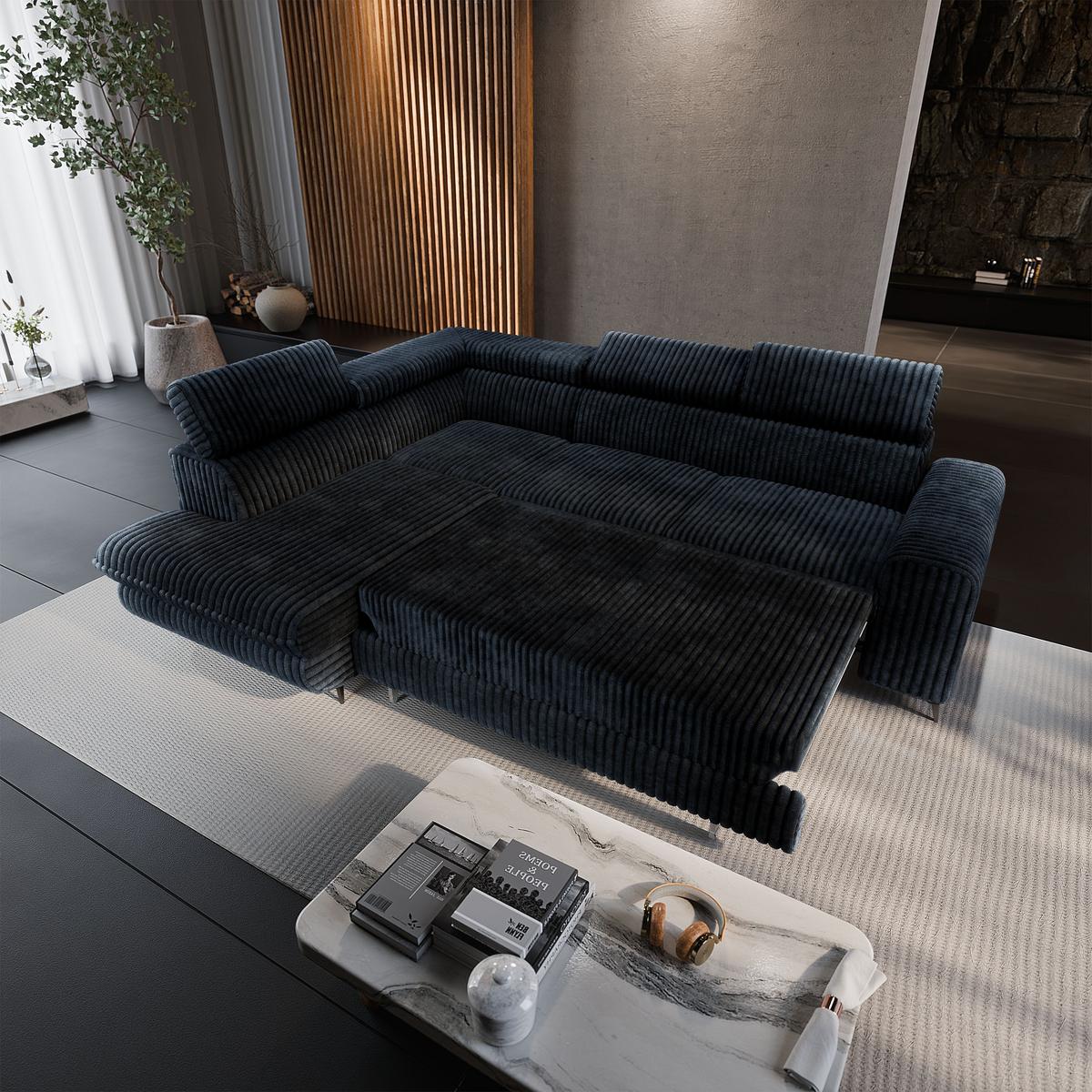 ECKSOFA VELISS Schwarz Kordstoff mit Schlaffunktion - Schwarz, Holz (255/193cm) - MASSENO