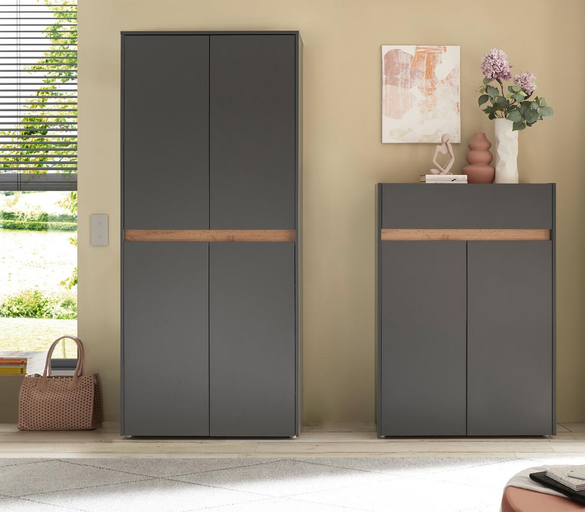GARDEROBEN-SET grau matt, Eiche Wotan 2-teilig 180 cm, Kombination mit viel Stauraum - Eiche Wotan/Schwarz, Holzwerkstoff/Kunststoff (180/195/40cm) - Furn.Design