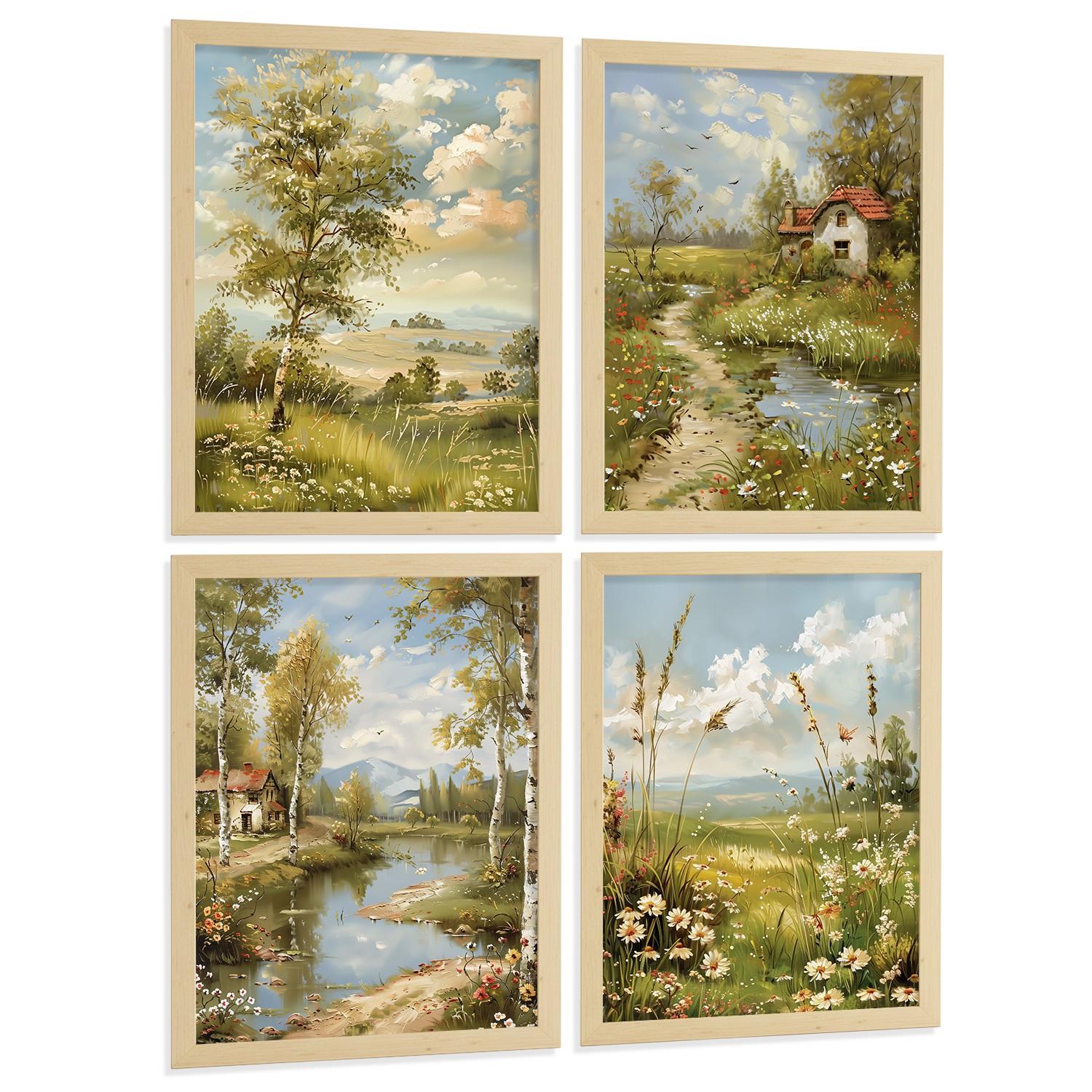 POSTER 4er Bilder-Set Wandbilder Impressionismus Landschaft modern Wohnzimmer Deko, Schlafzimmer, Küche, Badezimmer Leichter Holzrahmen A4 - Beige, Papier (29.7/1/21cm) - Nacnic