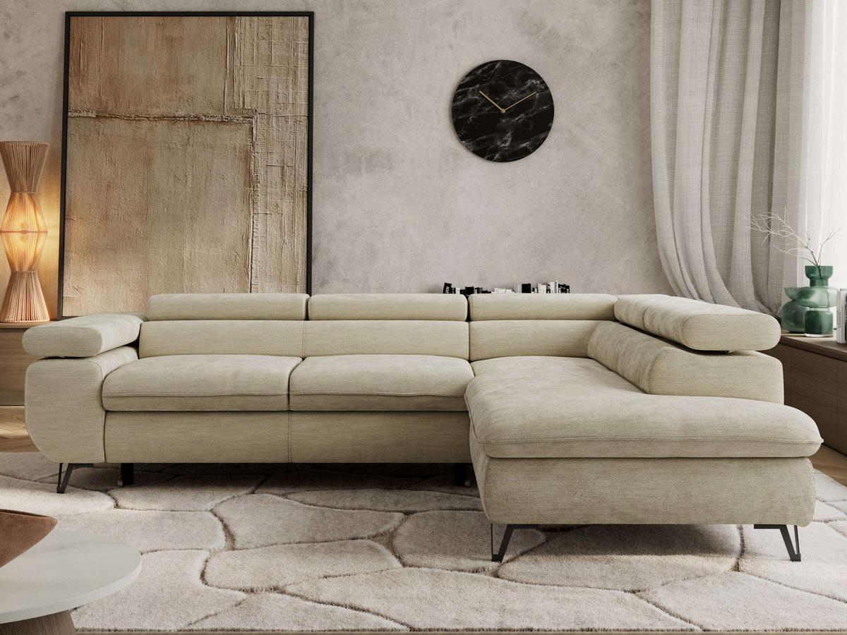 ECKSOFA PABLO L Beige Schenille glatt - Rechts Seite - Beige/Schwarz, Textil/Metall (273/208cm) - MKS