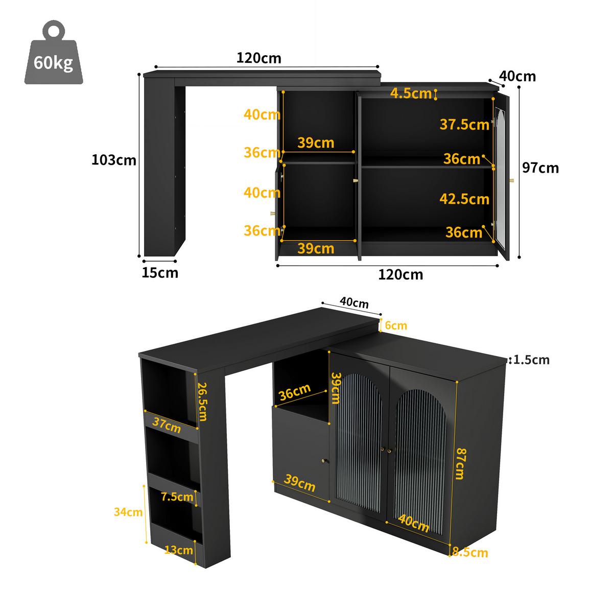 BARSCHRANK 360° drehbar & schwarz mit glastüren & flexiblem bartisch - Schwarz, Holzwerkstoff (40/120/97cm) - Urban Meuble
