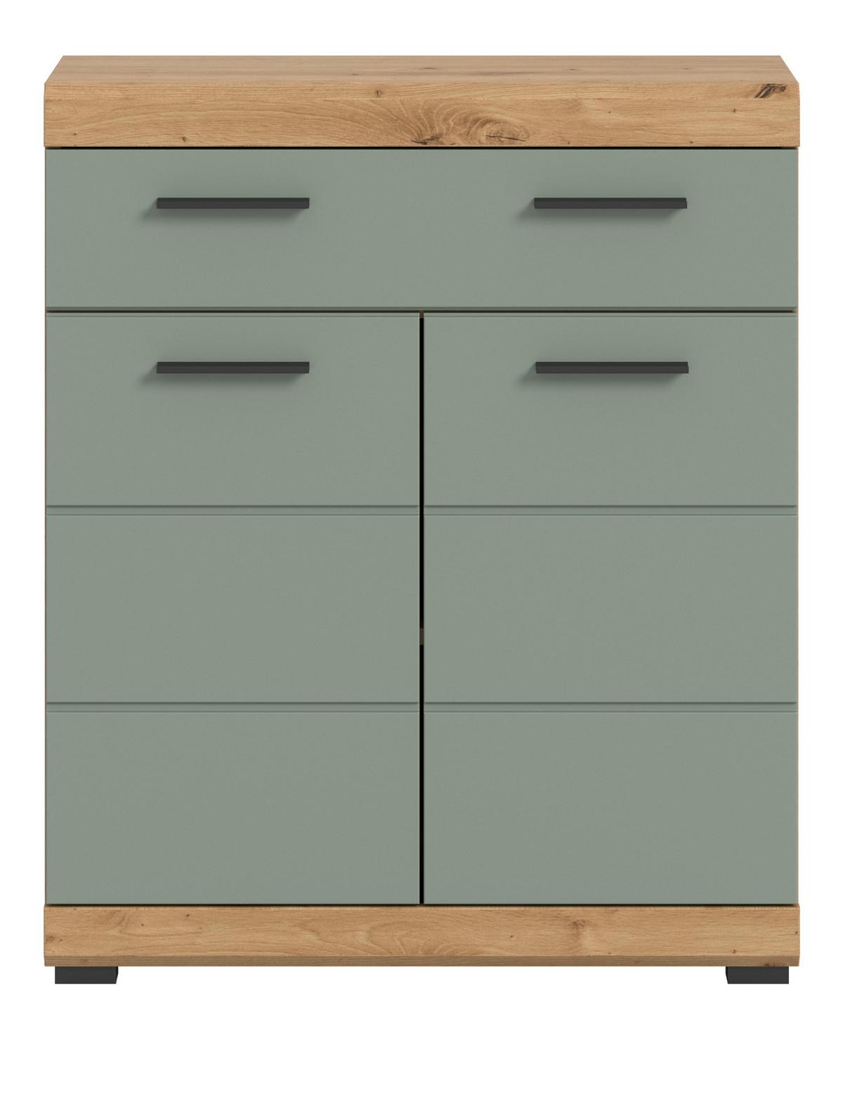 BADKOMMODE Salbei grün, Eiche Artisan 74 x 88 cm, Badschrank mit Vollauszug - Salbeigrün/Schwarz, Holzwerkstoff/Kunststoff (74/88/31cm) - Inn.Furn