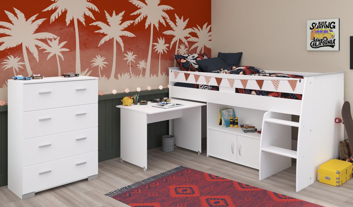 KINDERZIMMER weiß, Komplett-Set 2-teilig mit Stauraumbett, Kommode - Silberfarben/Weiß, Holzwerkstoff/Kunststoff (115/110/204cm) - Parisot Meuble
