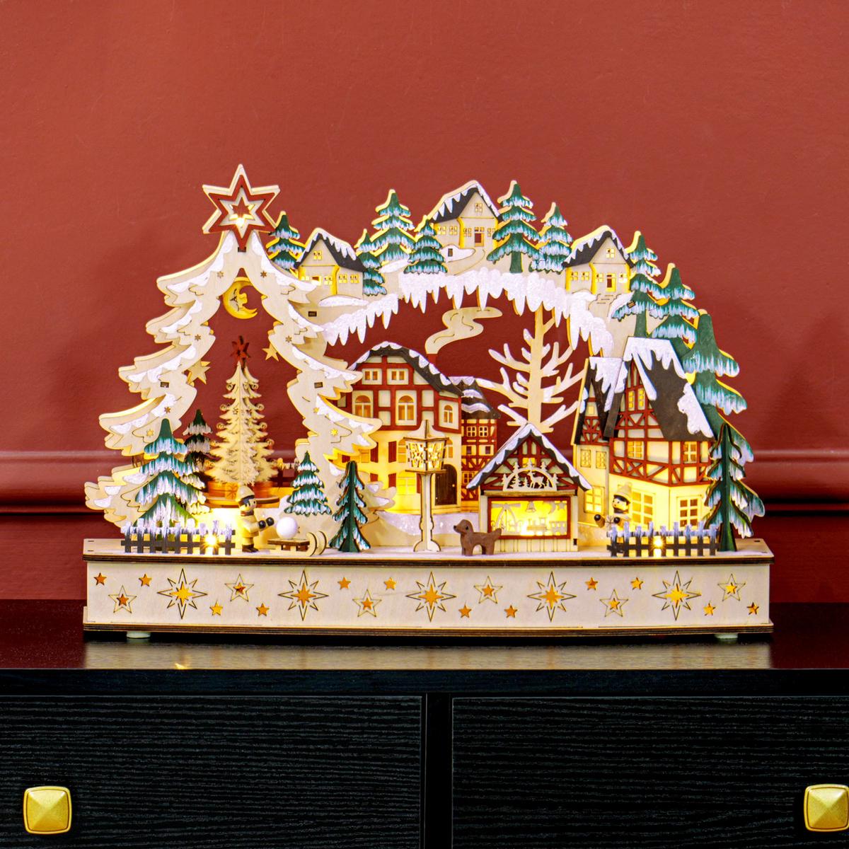 WEIHNACHTSDORF LED Winterlandschaft mit Waldszene, Weihnachtshäusern, Natur - Naturfarben, Holz (12/30/45cm) - HOMCOM