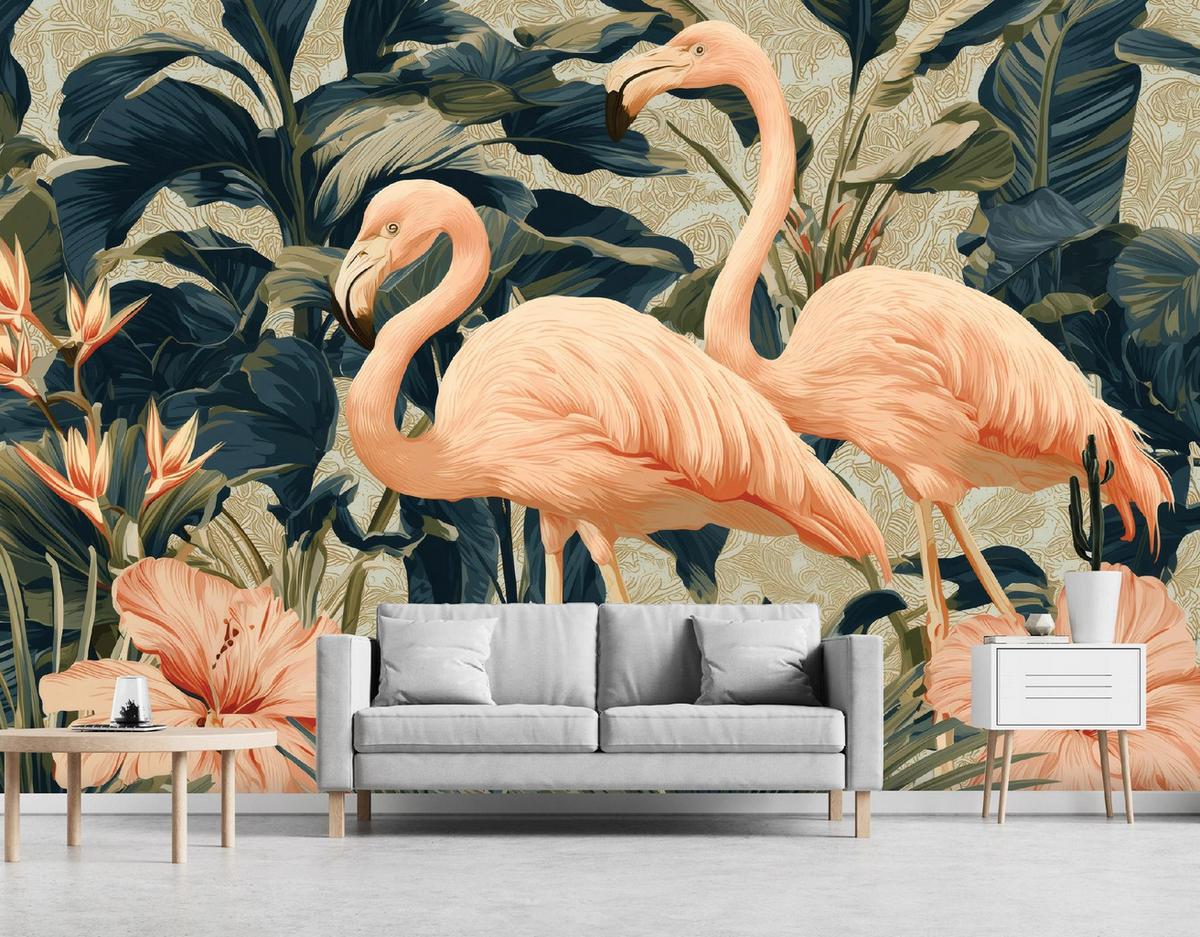 FOTOTAPETE Flamingo Blätter Grün 300x210 cm - Multicolor, Papier (300/210cm) - Wallarena