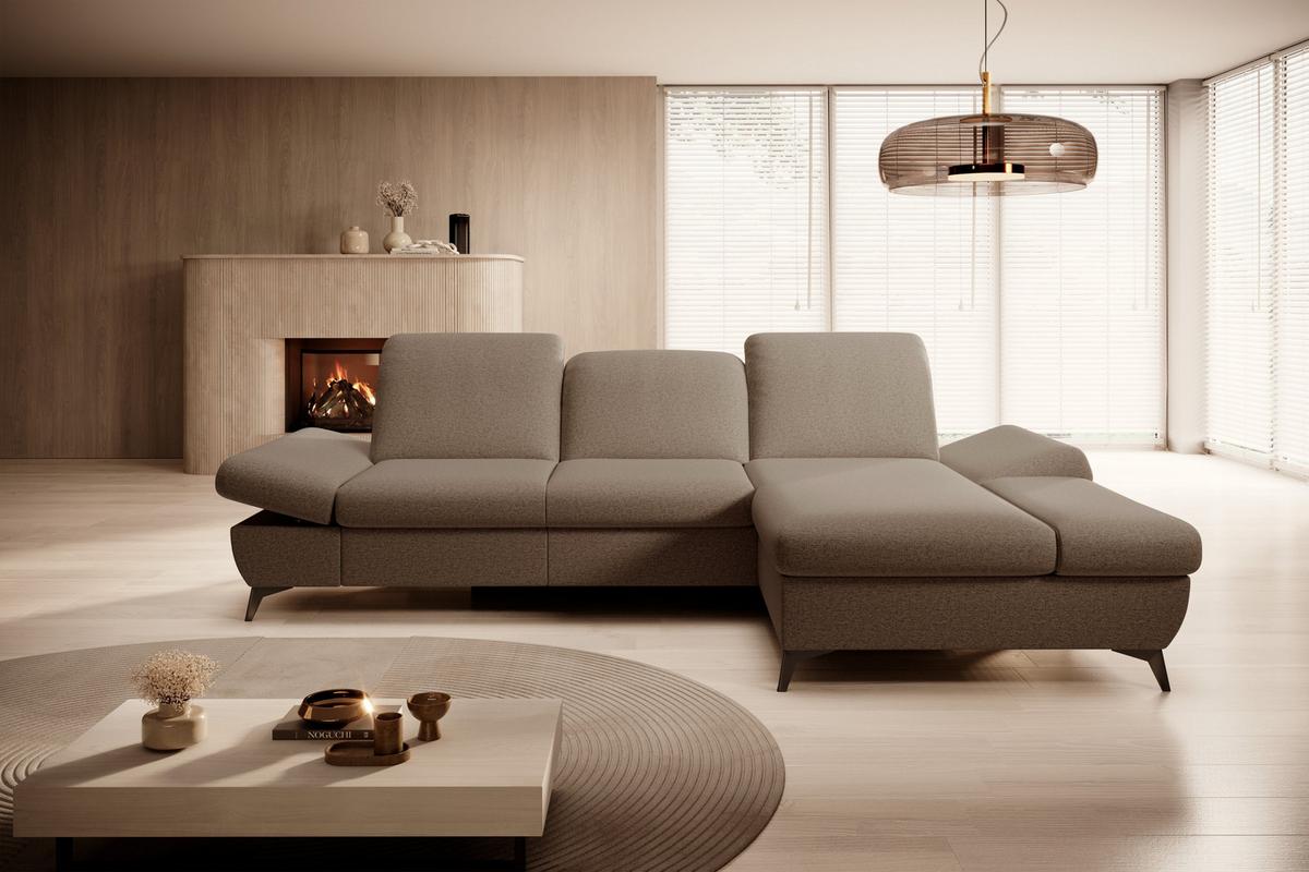 ECKSOFA FELICE R-S Braun Geflochtener Stoff mit Schlaffunktion - Braun, Holz (284/166cm) - MASSENO