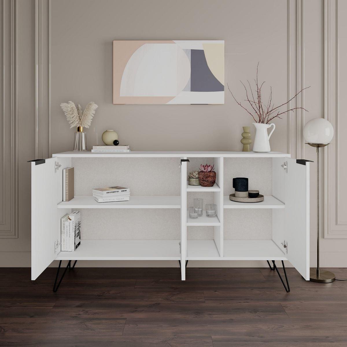 SIDEBOARD 3 Nischen und 3 Türen L142 cm - Clara - Weiß, Holzwerkstoff (35.6/83/15cm) - Calicosy