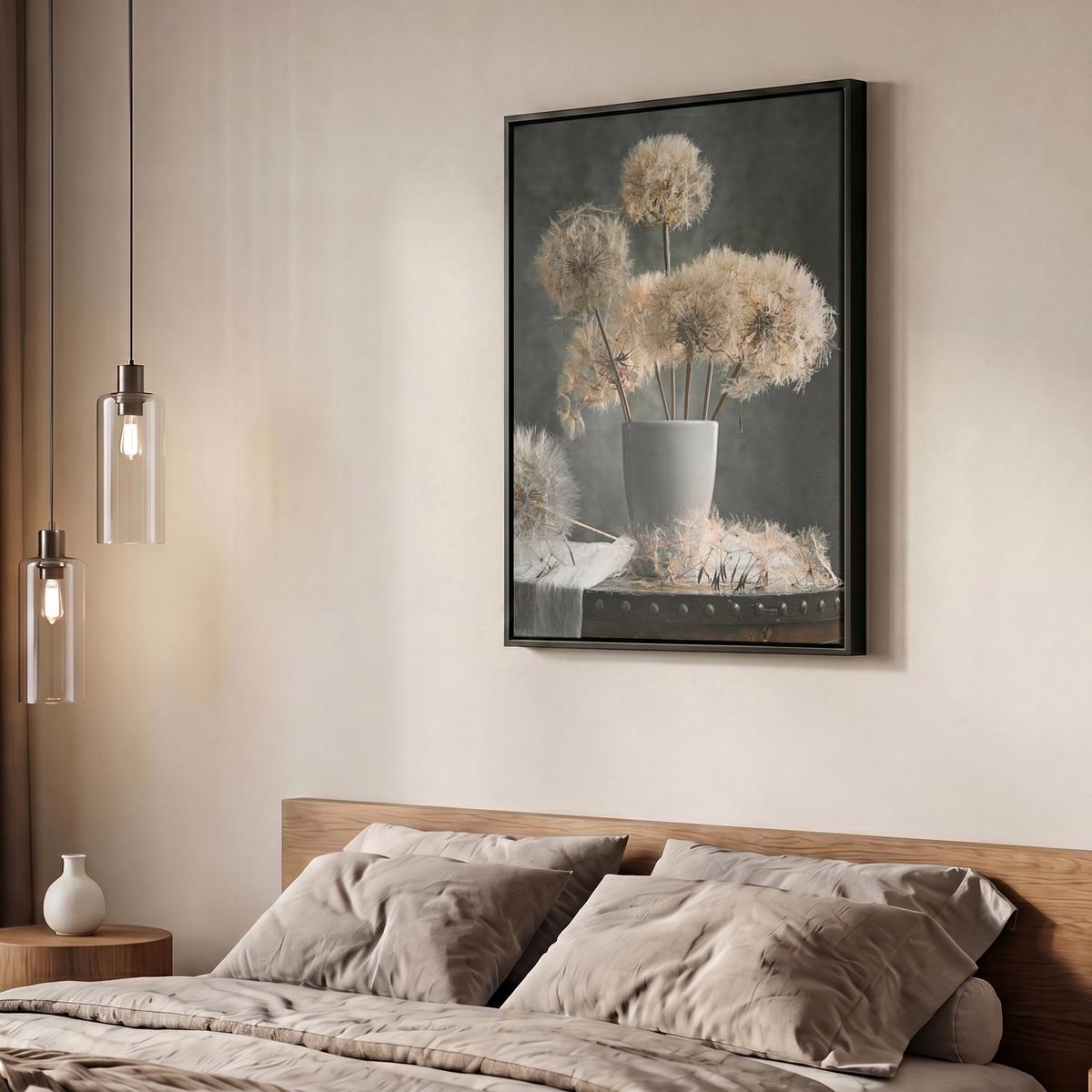 LEINWAND Bilder mit Rahmen - Blumensamen - Löwenzahn - Vase - Stilleben - Blumenstrauß - 50x70 - Dunkelgrau, Textil (50/70cm) - MuchoWow