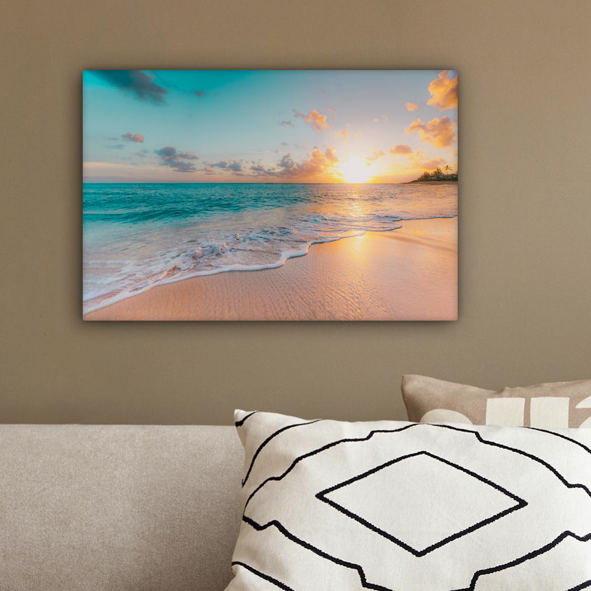 LEINWANDBILD Sonnenuntergang - Strand - Meer - Sommer - Blau Deko Schlafzimmer 30x20 cm - Multicolor, Textil (30/20cm) - MuchoWow