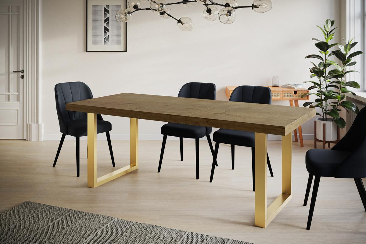 INDUSTRIELLER Esszimmertisch LOFT-U, ausziehbarer Tisch, Größe: 120-220X80X77 cm, Wohnzimmertisch Farbe: LEFKAS, mit Metallbeinen in Farbe Gold - Dunkelbraun/Goldfarben, Holzwerkstoff (120/80/77cm) - Alpi-Möbel