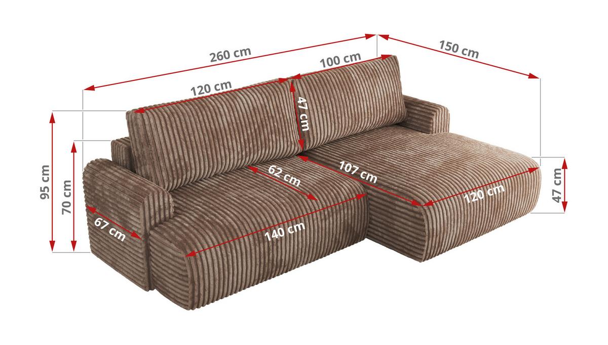 ECKSCHLAFSOFA TONO L Braun Cord - links - Schwarz/Braun, Kunststoff/Textil (260/150cm) - MKS