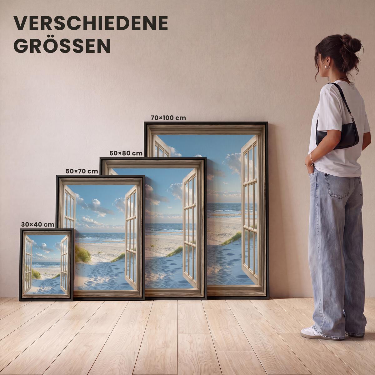 LEINWAND Bilder mit Rahmen - Aussicht - Strand - Fenster - Dünen - Meer - 70x100 - Hellblau, Textil (70/100cm) - MuchoWow