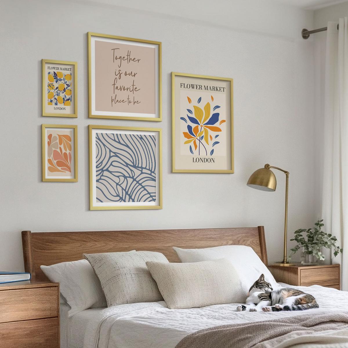 BILDER SET 5er Set - 50x50 cm & 20x30 cm & 40x60 cm Goldrahmen - Moderne abstrakte Blumen - Goldfarben, Kunststoff (40/60cm) - TULUP