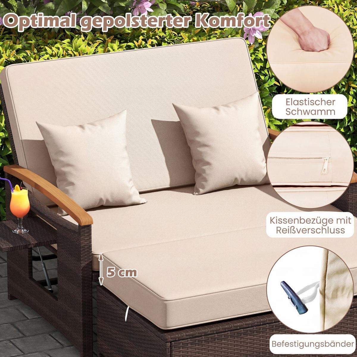 SONNENLIEGE geflochtene Doppel liege beige - Beige, Metall (164/88/72cm) - COSTWAY